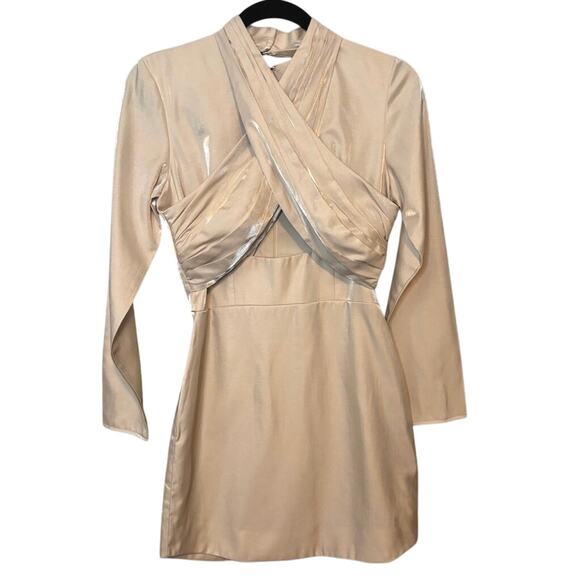 Keepsake Champagne Satin Cutout Mini Dress XS Long Sleeve Party Glam - Picture 6 of 9